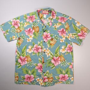 RJC Mens Medium Made In USA Hawaiian Shirt Blue Pineapple Tropical Floral